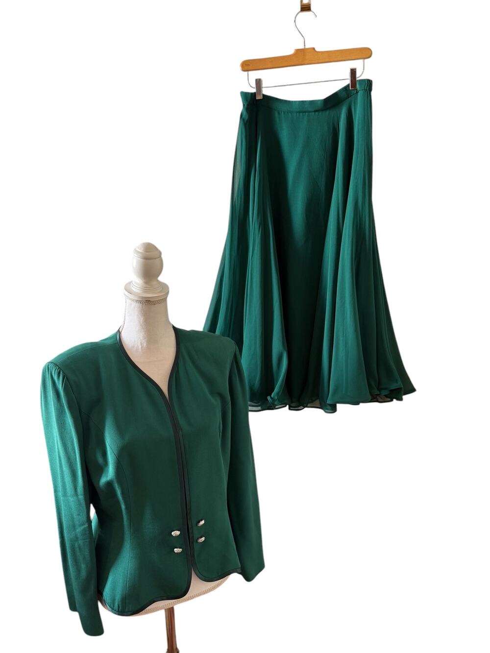Rimini Saks Fifth Avenue Jacket & Midi Twirl Skirt Set Emerald Green Silk 10